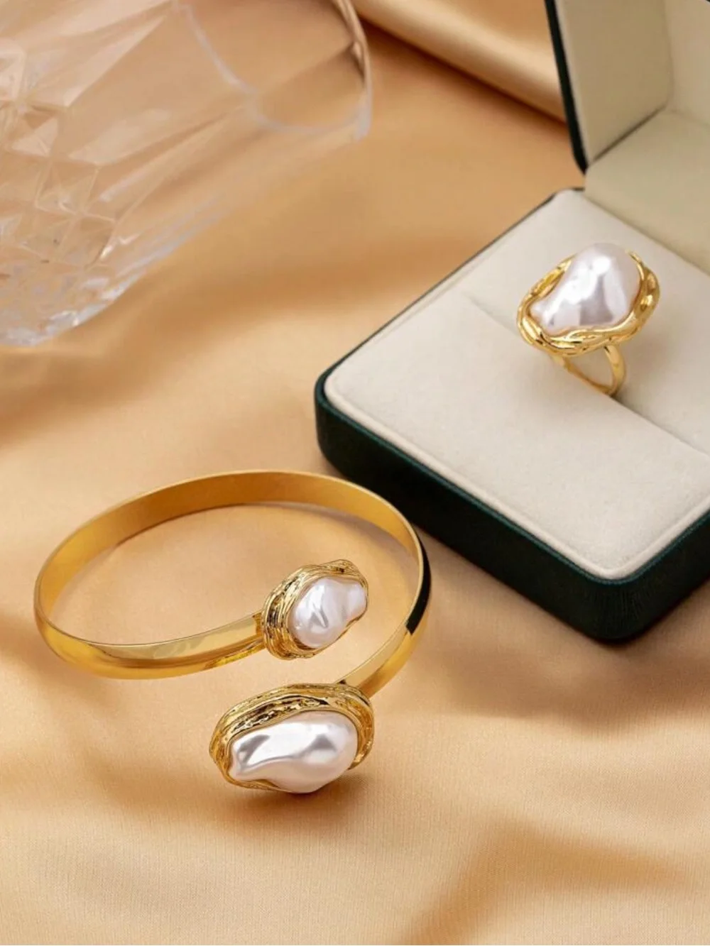 Elegant Gold Pearl Accent Cuff and Ring Set